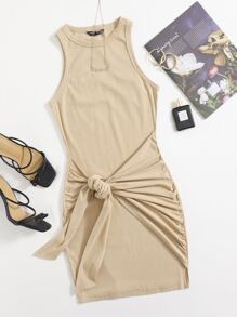 SHEIN Privé Ruched Tie Front Solid Bodycon Dress - Khaki - View 1