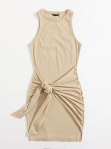 SHEIN Privé Ruched Tie Front Solid Bodycon Dress - Khaki - View 3