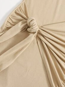 SHEIN Privé Ruched Tie Front Solid Bodycon Dress - Khaki - View 4