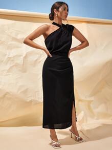 Vestido de muslo con abertura de cuello asimétrico - Negro - Ver 4