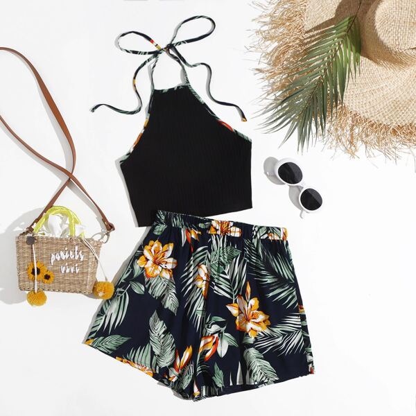 

Tie Back Halter Top & Tropical Shorts Set, Multicolor