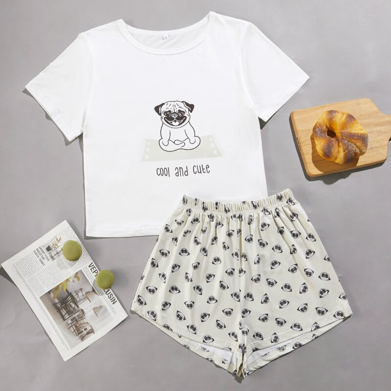 

Letter & Cartoon Graphic Tee & Shorts PJ Set, Multicolor
