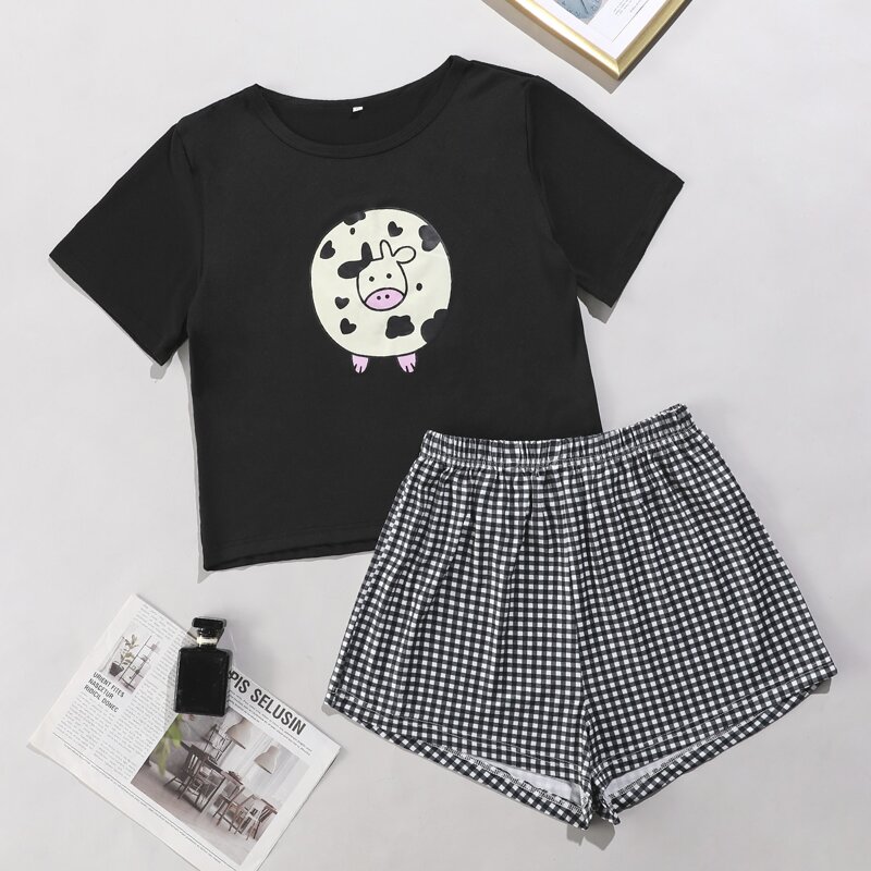 

Cartoon Graphic Tee & Gingham Shorts PJ Set, Black and white
