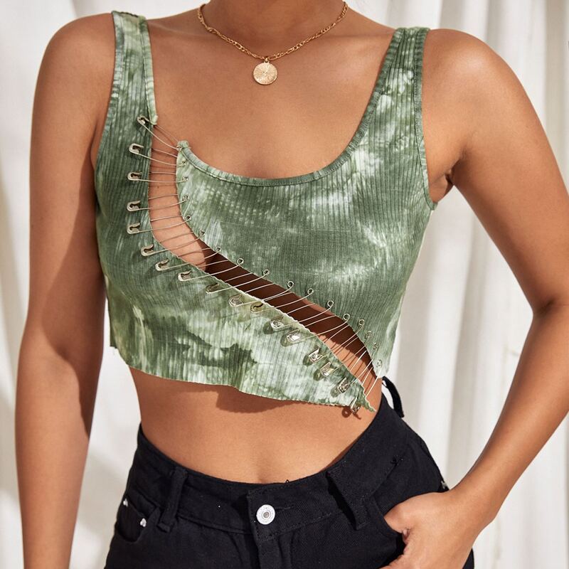 

Tie Dye Paperclip Detail Crop Tank Top, Multicolor