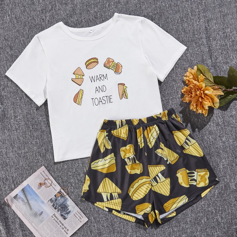 

Letter & Food Print Tee & Shorts PJ Set, Multicolor