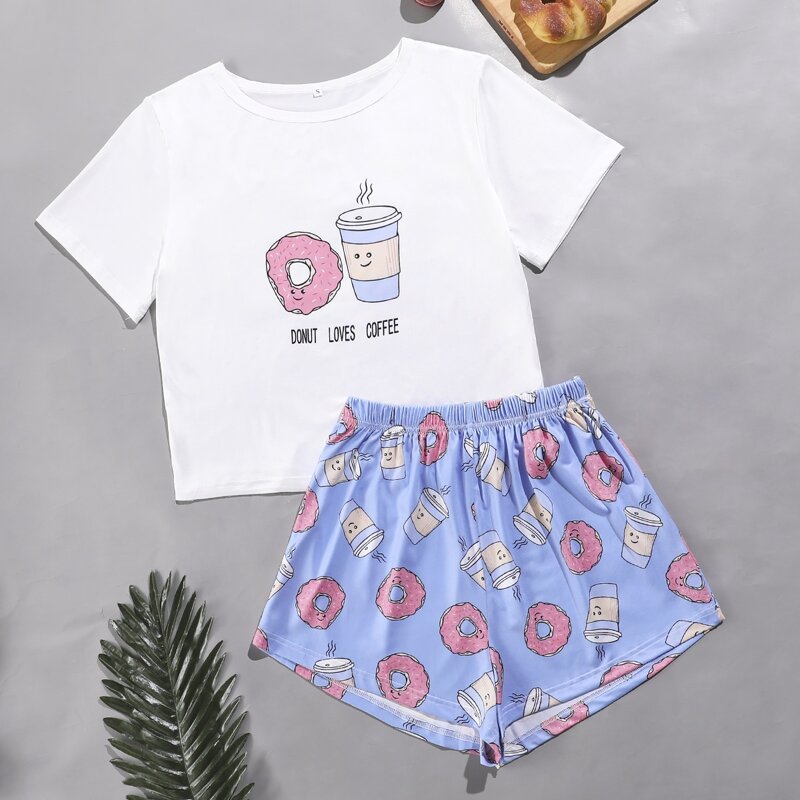 

Letter & Cartoon Graphic Tee & Shorts PJ Set, Multicolor
