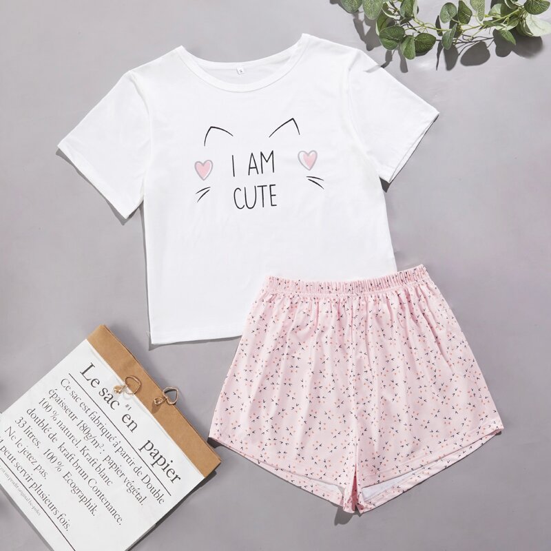 

Slogan & Cartoon Graphic Tee & Shorts PJ Set, Multicolor