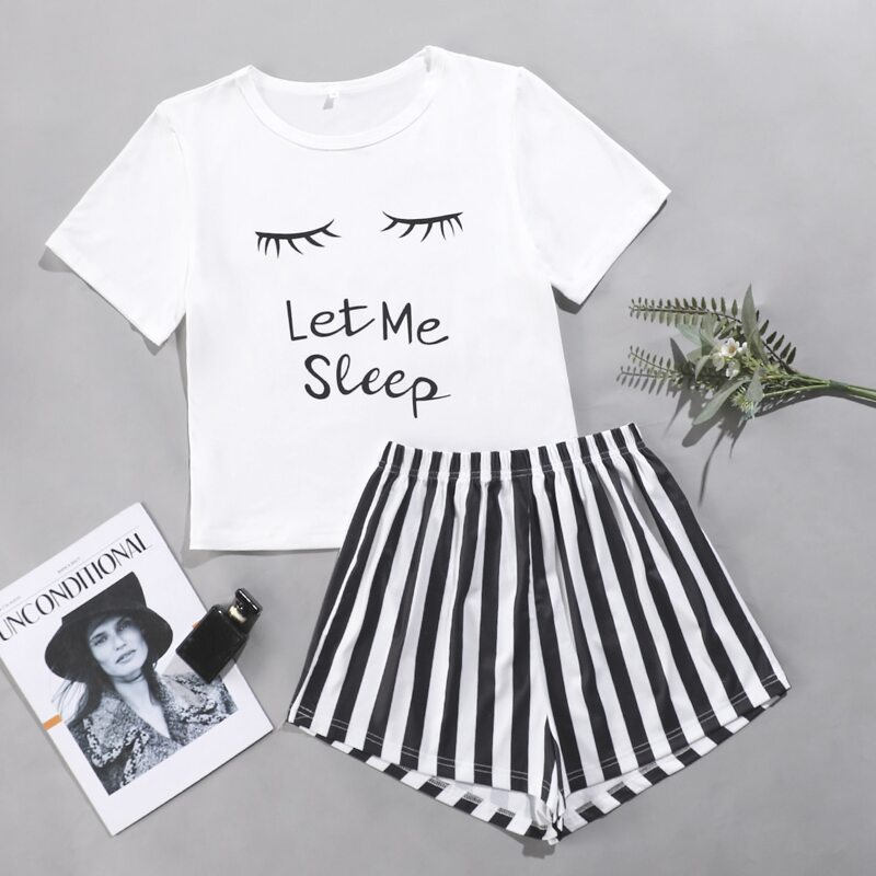 

Slogan Graphic Tee & Striped Shorts PJ Set, Black and white