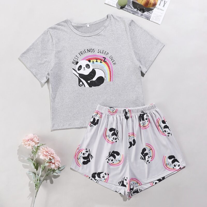 

Slogan & Panda Print Tee & Shorts PJ Set, Light grey
