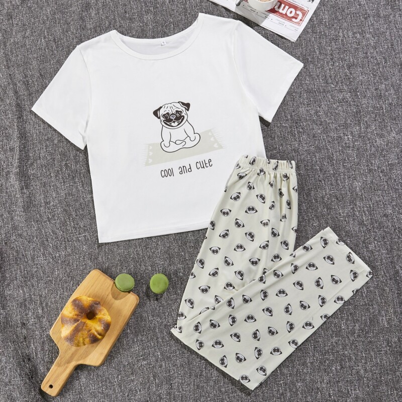 

Letter & Cartoon Graphic Tee & Pants PJ Set, Multicolor