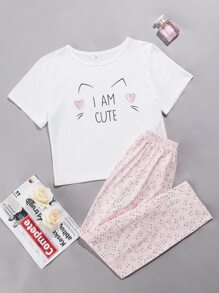 Slogan & Cartoon Graphic Tee & Pants PJ Set / Pajama Set - Multicolor - View 1