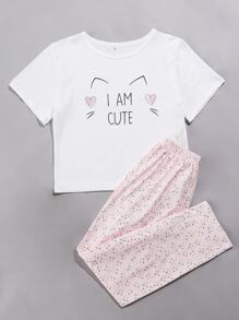 Slogan & Cartoon Graphic Tee & Pants PJ Set / Pajama Set - Multicolor - View 3