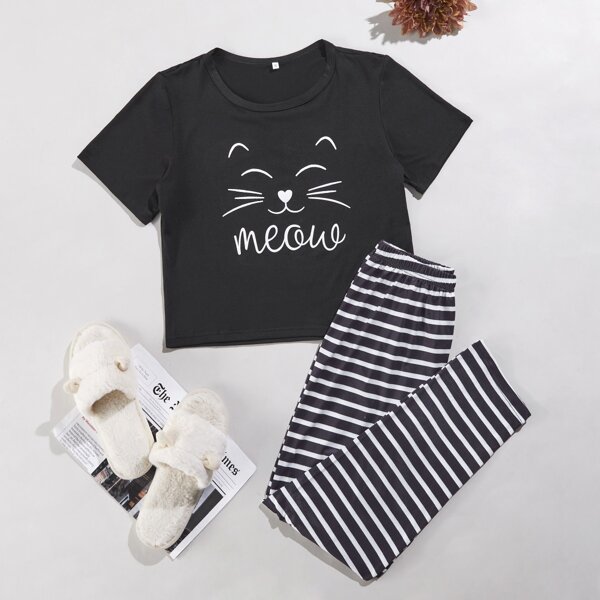 

Letter & Cartoon Graphic Tee & Striped Pants PJ Set, Black