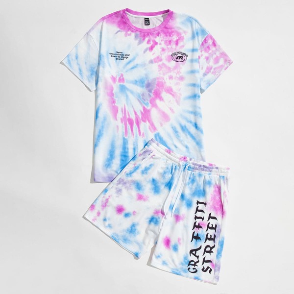 

Men Slogan Graphic Tie Dye Tee And Shorts Set, Multicolor