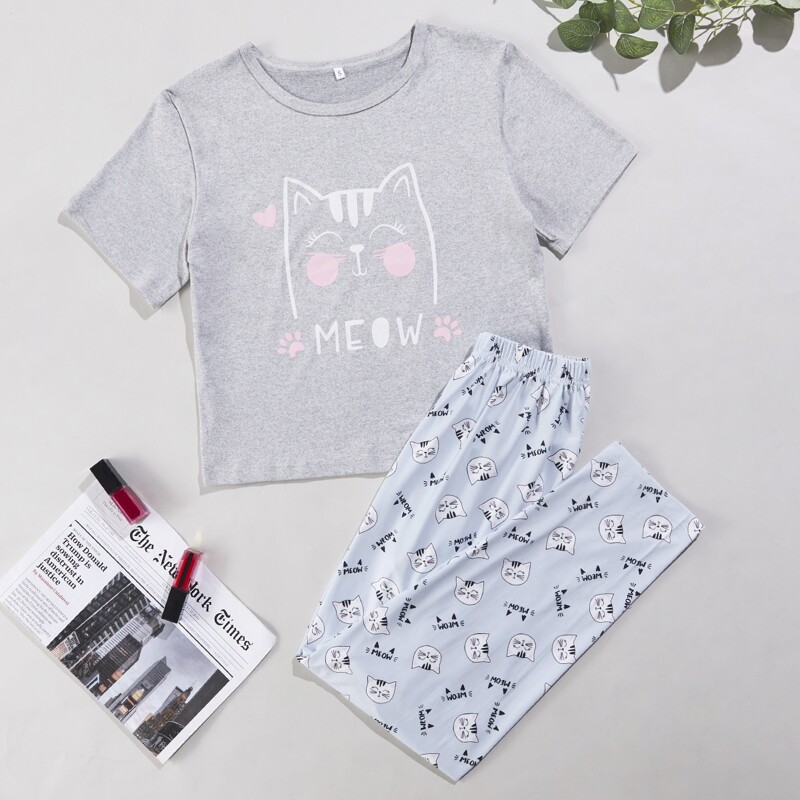 

Letter & Cartoon Graphic Tee & Pants PJ Set, Multicolor