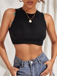 Contrast Trim Crop Knit Top - Black - View 1