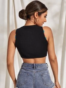 Contrast Trim Crop Knit Top - Black - View 2