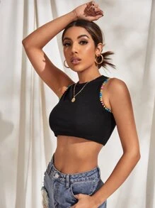 Contrast Trim Crop Knit Top - Black - View 3