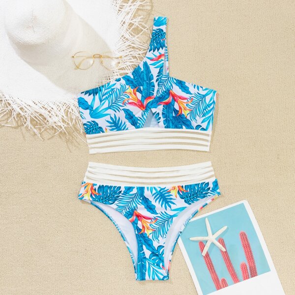 

Floral & Tropical Mesh Hem One Shoulder Bikini Swimsuit, Multicolor