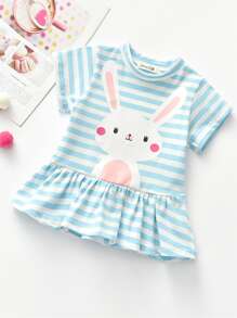 Vestidos para niña pequeña Volante rígido Dibujos animados A rayas Dulce - Azul y blanco - Ver 1