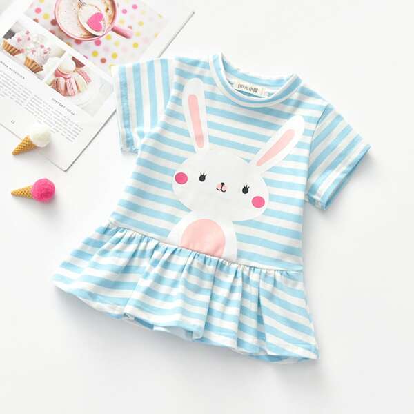 

Toddler Girls Striped Cartoon Rabbit Graphic Babydoll Dress, Blue and white