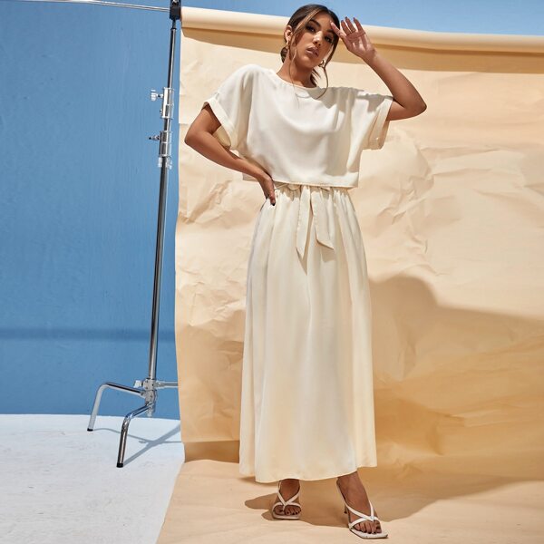 

Batwing Sleeve Top & Belted Skirt Set, Beige