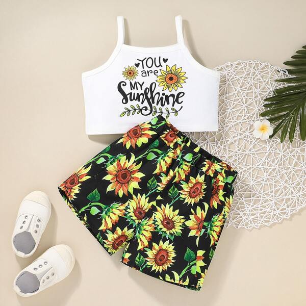 

Toddler Girls Floral And Slogan Print Top & Shorts, Multicolor