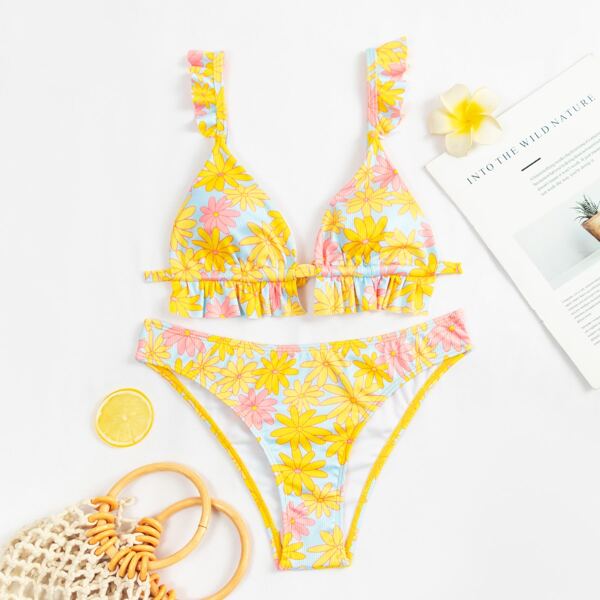 

Floral Random Print Ruffle Triangle Bikini Swimsuit, Multicolor