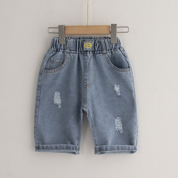 

Toddler Boys Letter Graphic Ripped Denim Shorts, Light wash