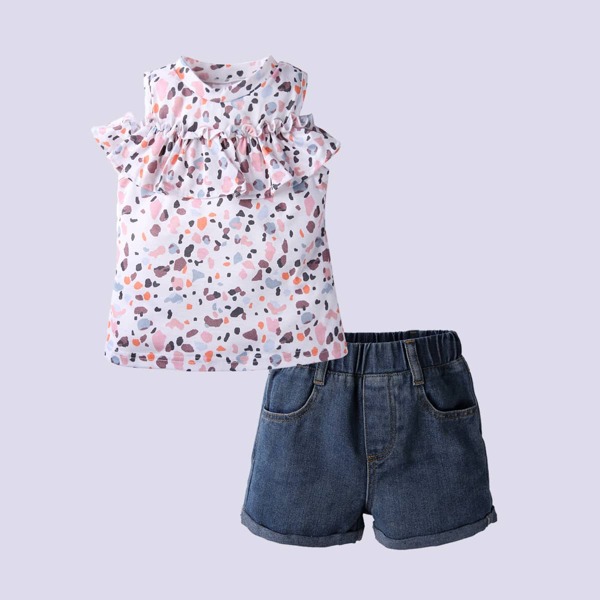 

Toddler Girls Graphic Print Flounce Trim Tee & Denim Shorts, Multicolor