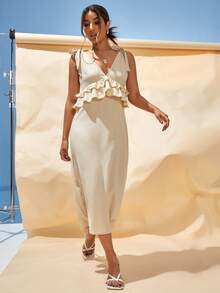 Ruffle Trim Knotted Shoulder Dress - Beige - View 3