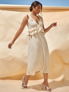 Ruffle Trim Knotted Shoulder Dress - Beige - View 6