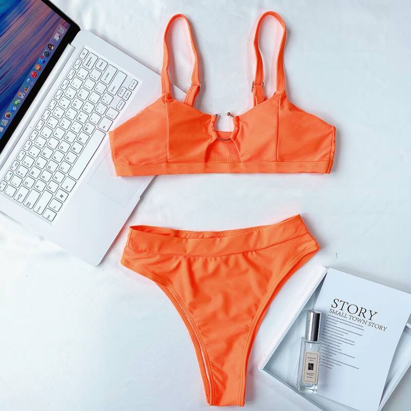 

Ring Linked High Waisted Bikini Swimsuit, Orange