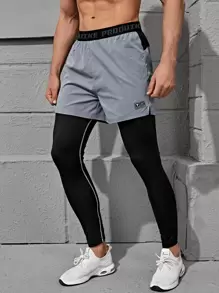 Boyfriend Style Men 2 In 1 Letter Graphic Sport Tights With Phone Pocket - Multicolor - View 1