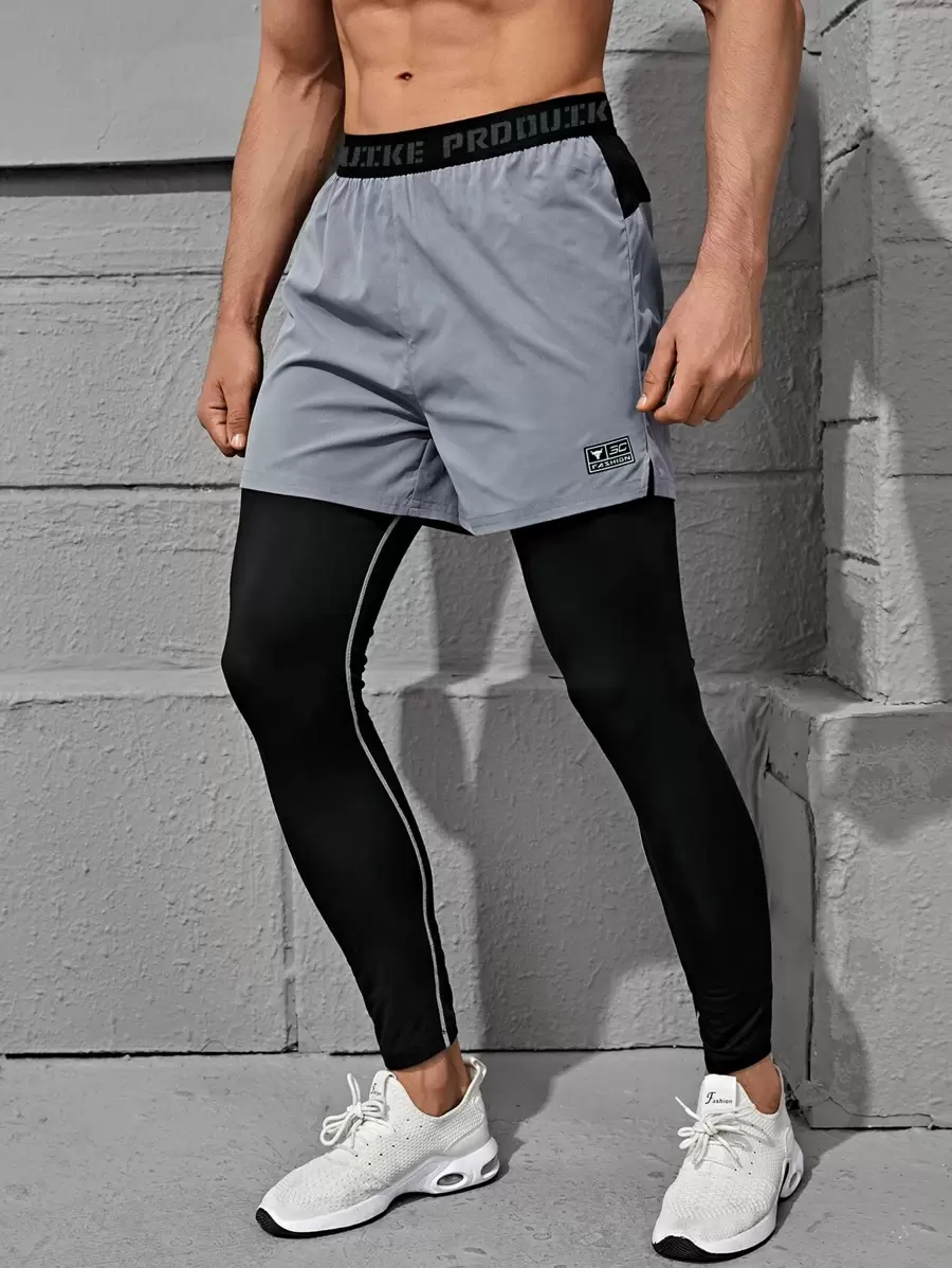 Boyfriend Style Men 2 In 1 Letter Graphic Sport Tights With Phone Pocket - Multicolor - View 1