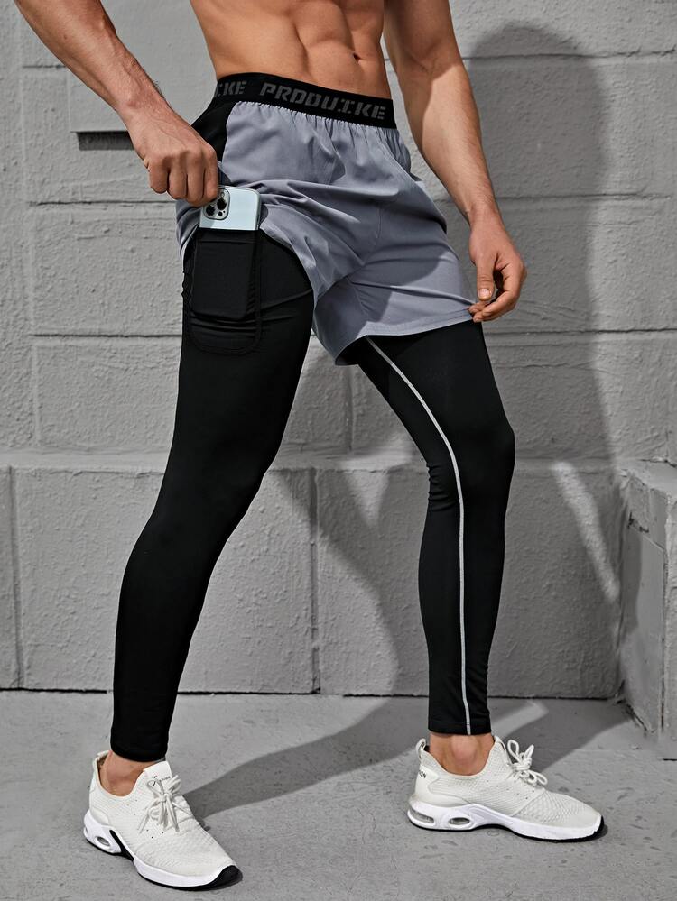 Boyfriend Style Men 2 In 1 Letter Graphic Sport Tights With Phone Pocket - Multicolor - View 4