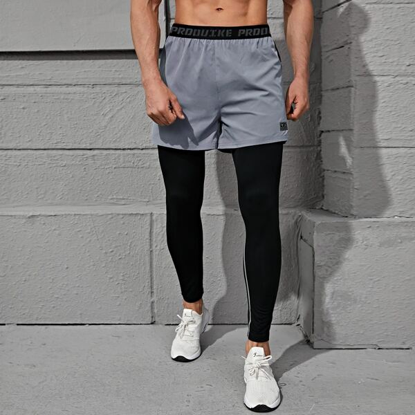 

Men 2 In 1 Letter Graphic Sport Tights With Phone Pocket, Multicolor