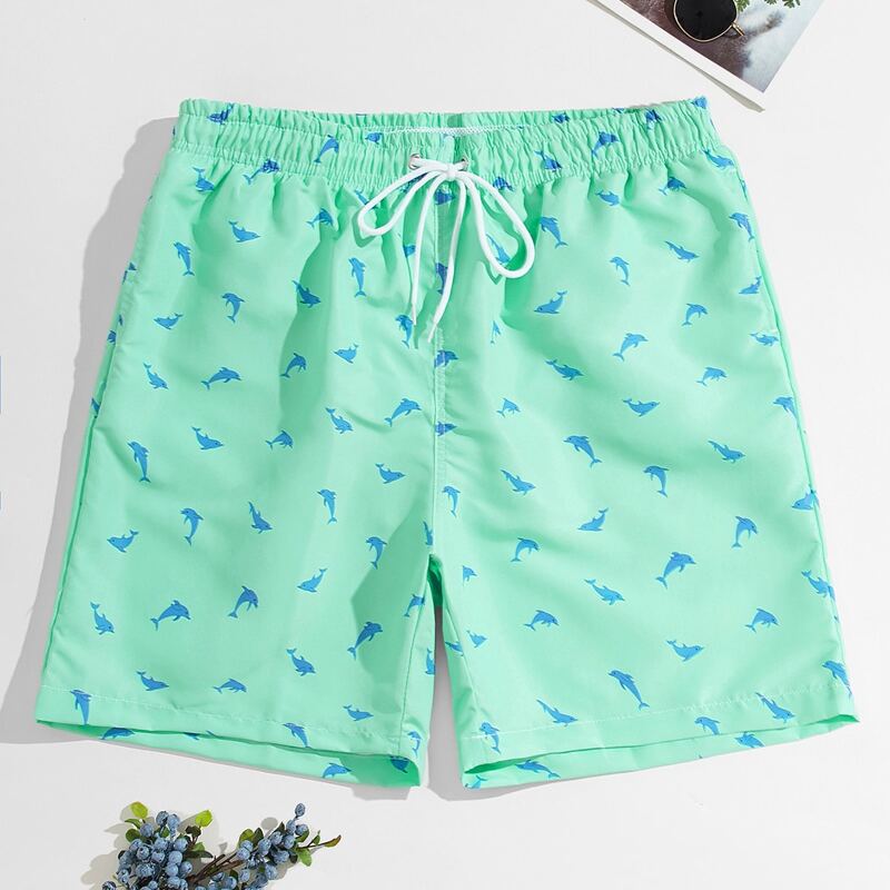 

Guys Allover Whale Print Drawstring Swim Shorts, Mint green