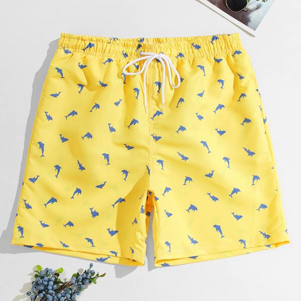 

Men Allover Dolphin Print Drawstring Swim Trunks, Yellow