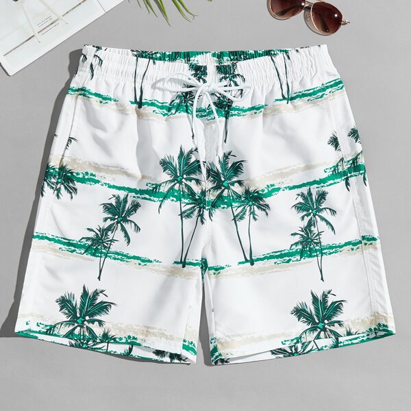 

Men Tropical Print Drawstring Waist Swim Trunks, White