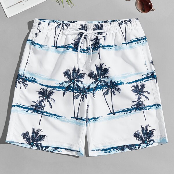 

Men Tropical Print Drawstring Waist Swim Trunks, White