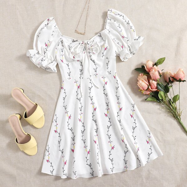 

Puff Sleeve Drawstring Ruched Bust Floral Dress, White