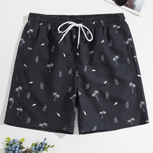 

Men Pineapple Print Swim Trunks, Black
