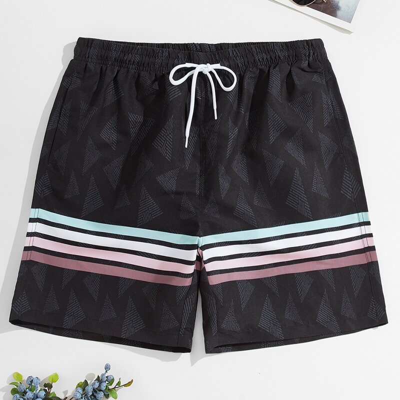 

Guys Striped Drawstring Waist Swim Trunks, Black