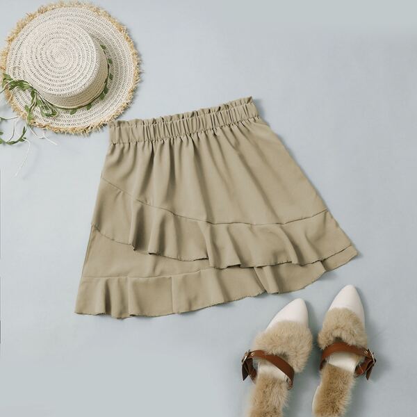 

Solid Ruffle Hem Paperbag Waist Skirt, Khaki