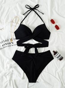 Swim Mod Summer Beach Wrap Halter Push Up Bikini Set