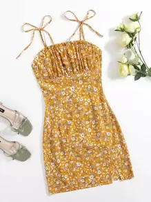 Soleia Tied Shoulder Ruched Bust Slit Hem Ditsy Floral Dress - Mustard Yellow - View 1