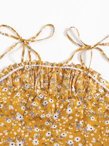 Soleia Tied Shoulder Ruched Bust Slit Hem Ditsy Floral Dress - Mustard Yellow - View 3