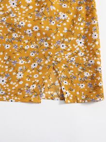 Soleia Tied Shoulder Ruched Bust Slit Hem Ditsy Floral Dress - Mustard Yellow - View 5