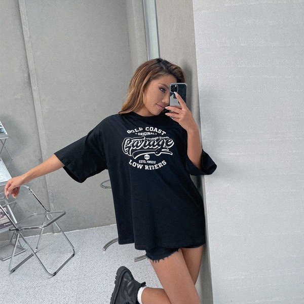 

Drop Shoulder Slogan Graphic Longline Tee, Black